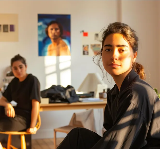 Two women in a sunlit studio